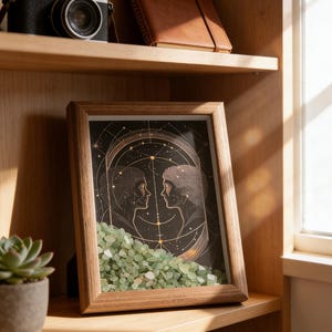 May include: A framed art print featuring two silhouetted figures facing each other, set against a starry night sky with gold accents. The frame is filled with small, light green stones. The print is displayed on a wooden shelf, alongside a camera and a notebook.