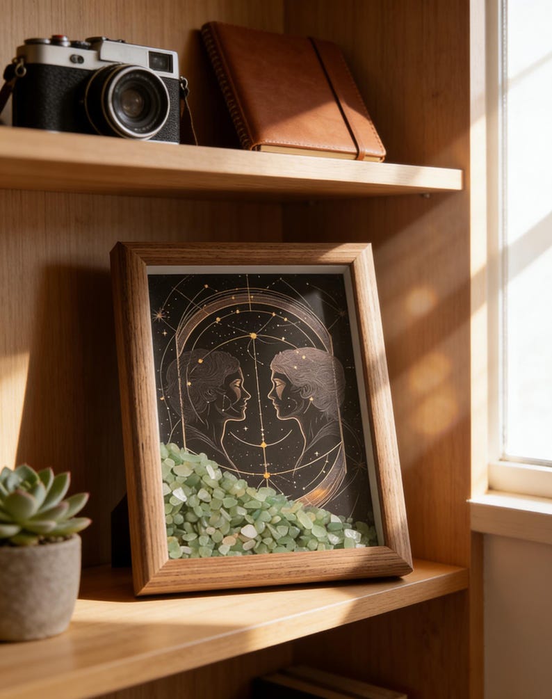 May include: A framed art print featuring two silhouetted figures facing each other, set against a starry night sky with gold accents. The frame is filled with small, light green stones. The print is displayed on a wooden shelf, alongside a camera and a notebook.