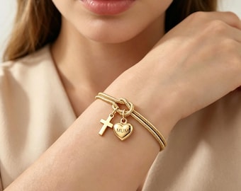 Roestvrijstalen armband met hart en kruis MUM-knoop - Moederdagcadeau, aangepaste naam gepersonaliseerde moedersieraden