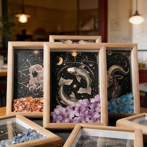 Peut inclure: Impressions d'art encadrées en bois représentant des signes du zodiaque. Chaque impression a un fond noir avec des illustrations dorées et une couche de cristaux colorés en bas. Les signes du zodiaque incluent une femme, deux poissons et un bélier.