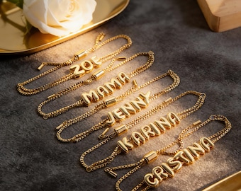 Personalized Name Bracelet, Bubble Letter Jewelry, Custom Gold Silver Bracelet, Christmas Birthday Mother’s Day Gift