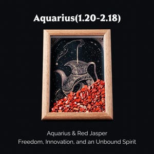May include: A framed artwork featuring an Aquarius design with a teapot illustration, red jasper stones, and the text "Aquarius & Red Jasper". The artwork is set against a black background with a wooden frame.