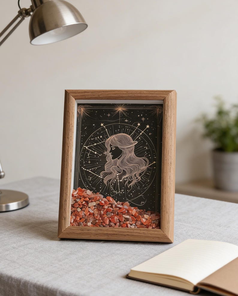 May include: A framed art piece featuring a woman's profile within a celestial design. The artwork is set against a dark background with gold accents and a layer of orange-red stones at the base. The frame is made of light-colored wood.