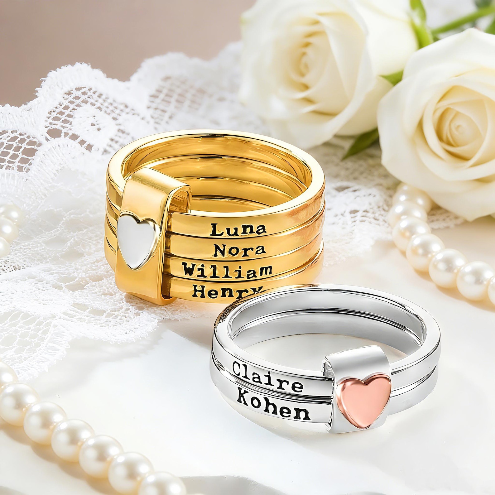 Custom Heart Name Ring, Personalized Stacking Band, Engraved Family ...