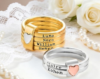 Custom Heart Name Ring, Personalized Stacking Band, Engraved Family Names Ring, Valentine’s Day & Mother’s Day Gift