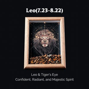 May include: A framed artwork featuring a detailed illustration of a lion's face, set against a dark background with celestial elements. The frame is made of light-colored wood. The text "Leo (7.23-8.22)" is at the top, and "Leo & Tiger's Eye" and a description are at the bottom.