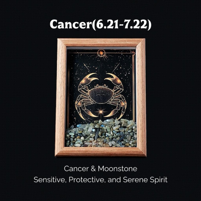 May include: A framed artwork featuring a golden crab zodiac symbol against a starry background. The wooden frame surrounds a bed of small, gray stones. Text at the top reads "Cancer (6.21-7.22)" and at the bottom "Cancer & Moonstone Sensitive, Protective, and Serene Spirit."