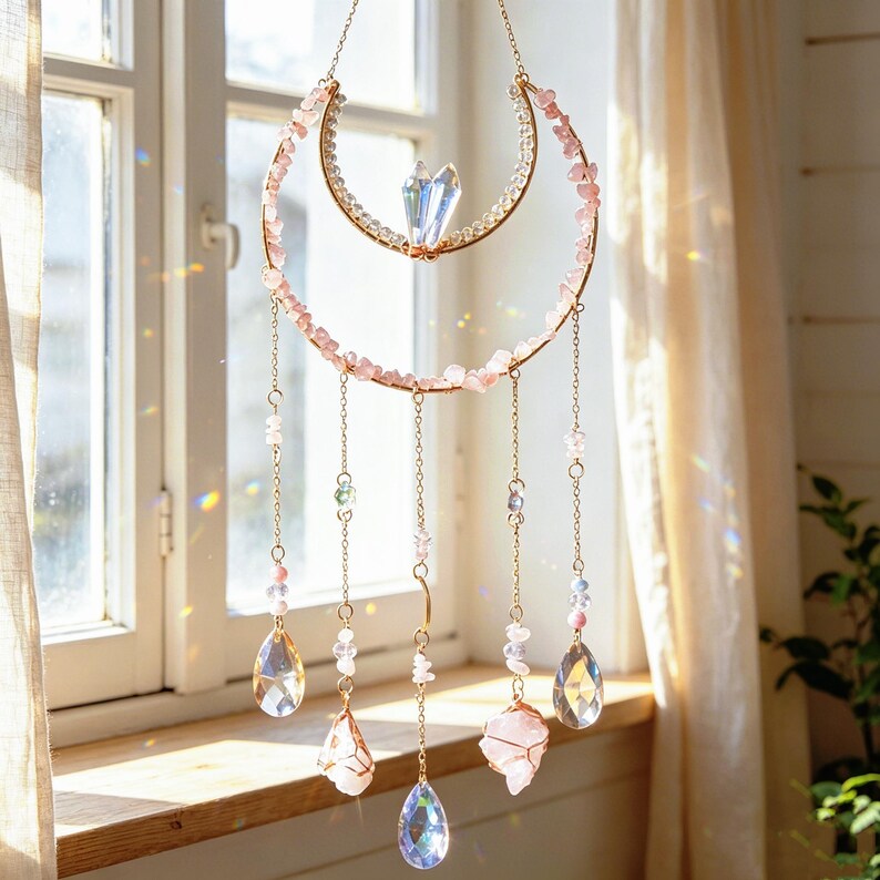May include: A hanging suncatcher featuring a gold-toned crescent moon frame adorned with small pink stone chips. Five delicate gold chains dangle from the frame, each ending in either a clear teardrop-shaped crystal or a raw pink stone pendant.