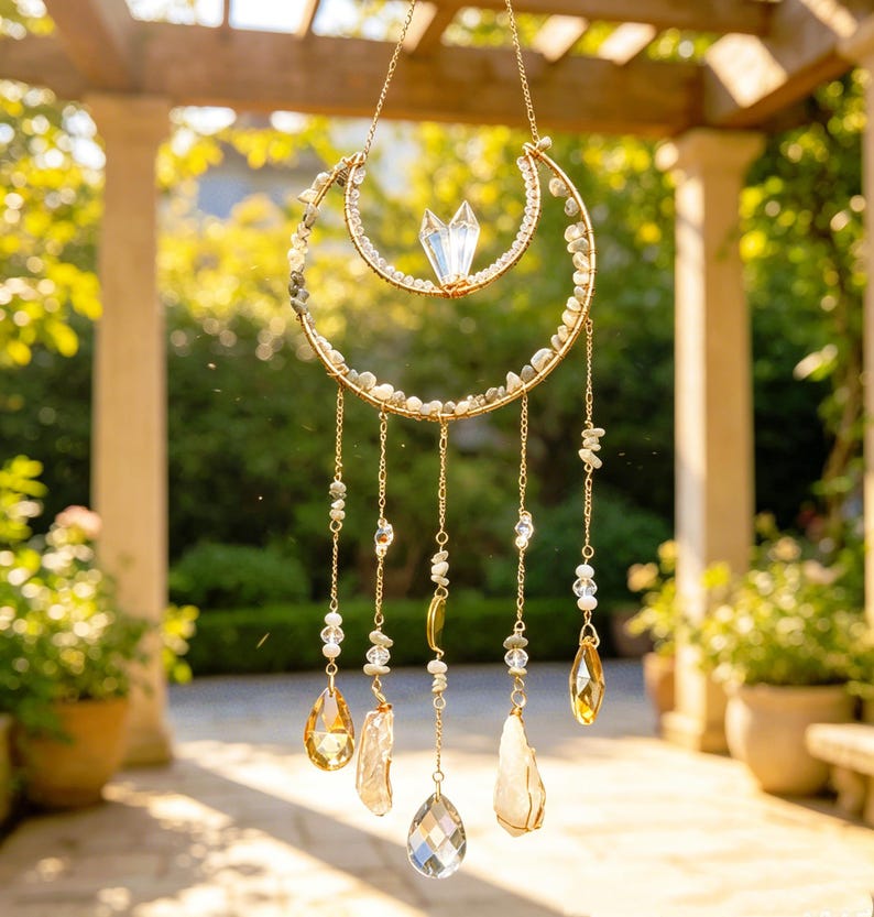 May include: A crescent moon-shaped wall hanging featuring a gold-toned wire frame adorned with small light-colored stones and a central clear crystal point. Five delicate gold chains hang from the frame, each decorated with beads and clear glass teardrop prisms.