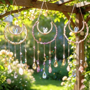 May include: Three hanging crescent moon ornaments made of gold-toned metal wire, each featuring a central crystal point, small gemstone beads along the frame, and dangling chains with faceted glass drops and additional gemstone accents.