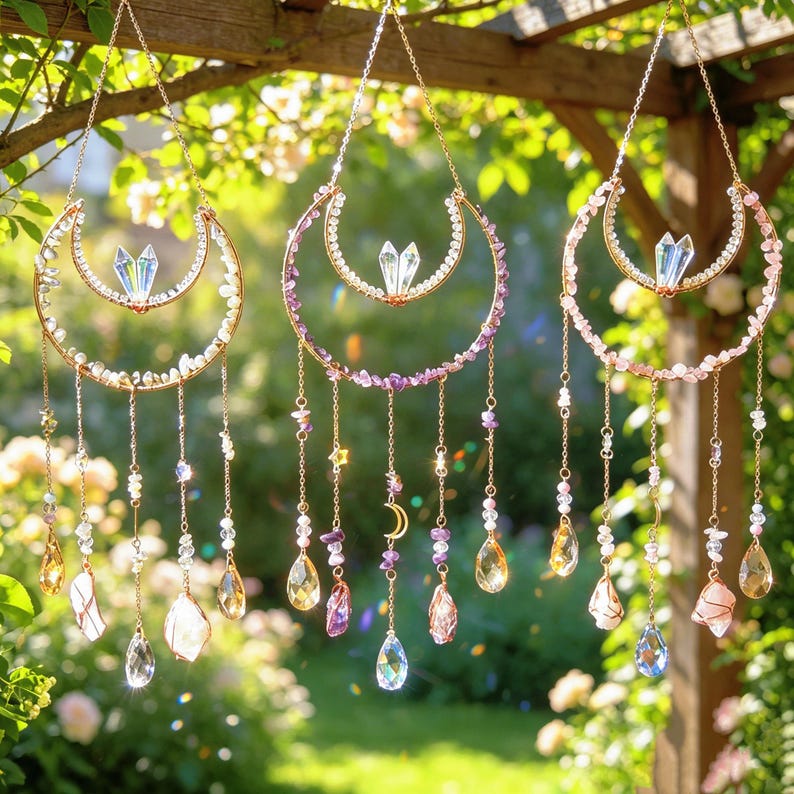 May include: Three hanging crescent moon ornaments made of gold-toned metal wire, each featuring a central crystal point, small gemstone beads along the frame, and dangling chains with faceted glass drops and additional gemstone accents.