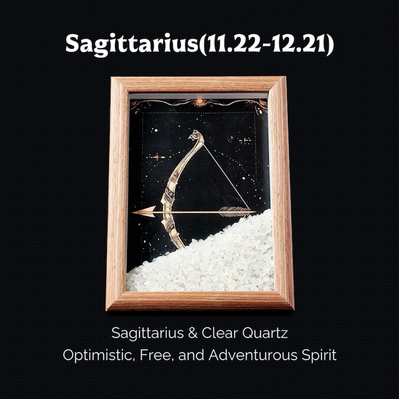 May include: A framed artwork featuring the Sagittarius zodiac symbol, a golden bow and arrow, set against a starry black background. The frame is made of light-colored wood. The text "Sagittarius (11.22-12.21)" is at the top.