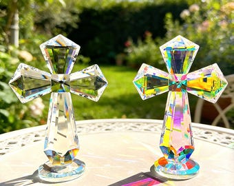 Faceted Glass Cross Prism Decor, Rainbow Light Catcher Ornament, Christian Cross Gift for Baptism, Easter, Christmas, Wedding