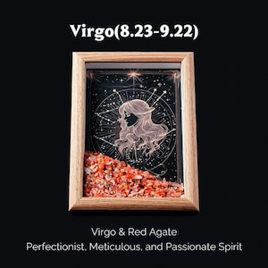 May include: A wooden framed Virgo zodiac art piece. The artwork features a silhouette of a woman with flowing hair, surrounded by a star map design. The bottom of the frame is filled with red agate stones. Text includes "Virgo (8.23-9.22)" and "Virgo & Red Agate".