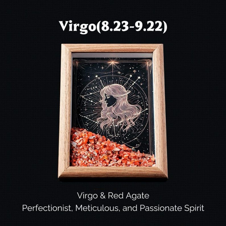 May include: A wooden framed Virgo zodiac art piece. The artwork features a silhouette of a woman with flowing hair, surrounded by a star map design. The bottom of the frame is filled with red agate stones. Text includes "Virgo (8.23-9.22)" and "Virgo & Red Agate".