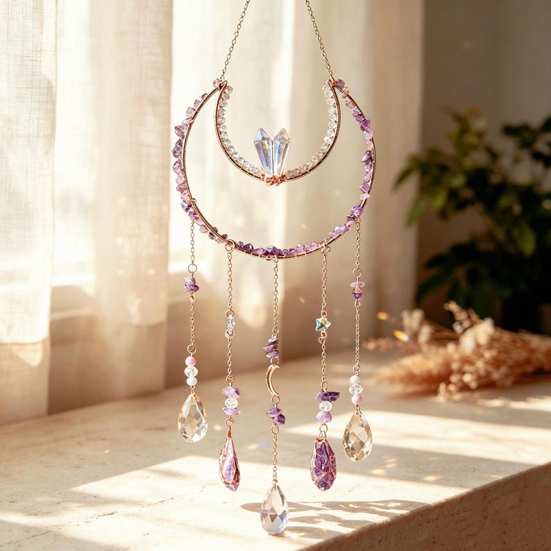 May include: A hanging suncatcher featuring a large gold-toned crescent moon frame adorned with small purple amethyst chips and clear beads. Two clear crystal points sit at the center, with five dangling chains holding amethyst, clear beads, and teardrop crystals.