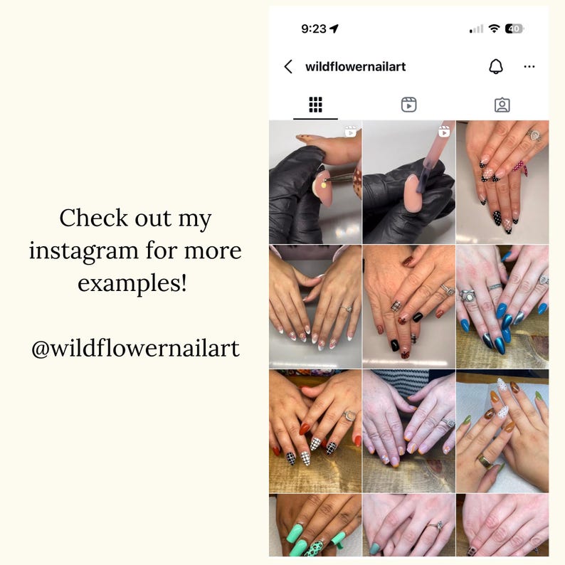 May include: A grid of images showcasing various nail art designs, including French tips, patterned nails, and solid colors. The designs feature a range of colors and styles, with some nails adorned with glitter and other embellishments. The Instagram handle @wildflowernailart is visible.