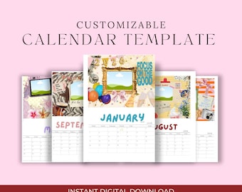 Calendario Canva 2026: Plantilla de calendario personalizable, planificador mensual editable, descarga digital imprimible
