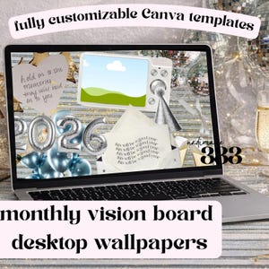 Può includere: Lo schermo di un laptop mostra una vision board con il testo "2026" in palloncini argentati, palloncini blu e le parole "aggrappati ai ricordi, ti terranno stretto". Lo schermo mostra anche una grafica di una fotocamera.