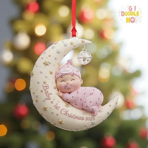 Personalized Baby&#39;s First Christmas Ornament: Sleeping Baby on Moon