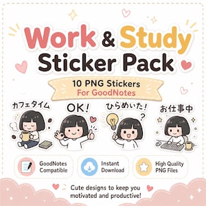 Peut inclure: Un pack d'autocollants numériques intitulé Work & Study Sticker Pack contenant 10 autocollants PNG pour GoodNotes. Les graphiques présentent un personnage aux cheveux foncés dans divers scénarios de travail et d'étude, incluant boire du café, faire un signe OK, avoir une idée avec une ampoule et taper sur un ordinateur. Le design inclut des cœurs et des étoiles roses.