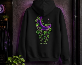 Neon Pothos Moon Hoodie, Botanical Gothic Pullover, Plant Lover Gift