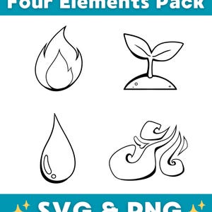 Può includere: Su sfondo bianco, quattro illustrazioni in nero rappresentano gli elementi: fuoco, terra, acqua e aria. Il testo "Four Elements Pack" è in alto e "SVG & PNG" in basso.
