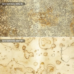 May include: A split-view image showing two textured surfaces. The top section features a mottled gold and brown pattern labeled Semi-Soft Matte-2606-08. The bottom section displays a cream-colored surface with brown organic spots labeled Semi-Soft Matte-2606-09.