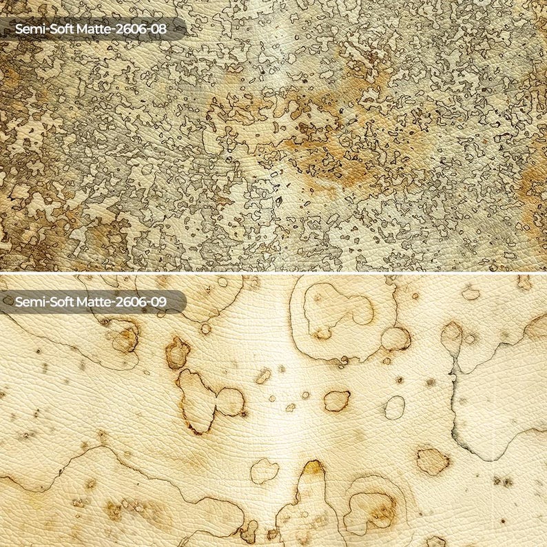 May include: A split-view image showing two textured surfaces. The top section features a mottled gold and brown pattern labeled Semi-Soft Matte-2606-08. The bottom section displays a cream-colored surface with brown organic spots labeled Semi-Soft Matte-2606-09.