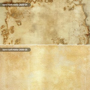 May include: Two rectangular swatches of semi-soft matte material. The top swatch, labeled Semi-Soft Matte-2606-04, features a light beige base with dark brown, mottled, and weathered edges. The bottom swatch, labeled Semi-Soft Matte-2606-05, is a uniform light tan with a fine, textured grain pattern throughout.