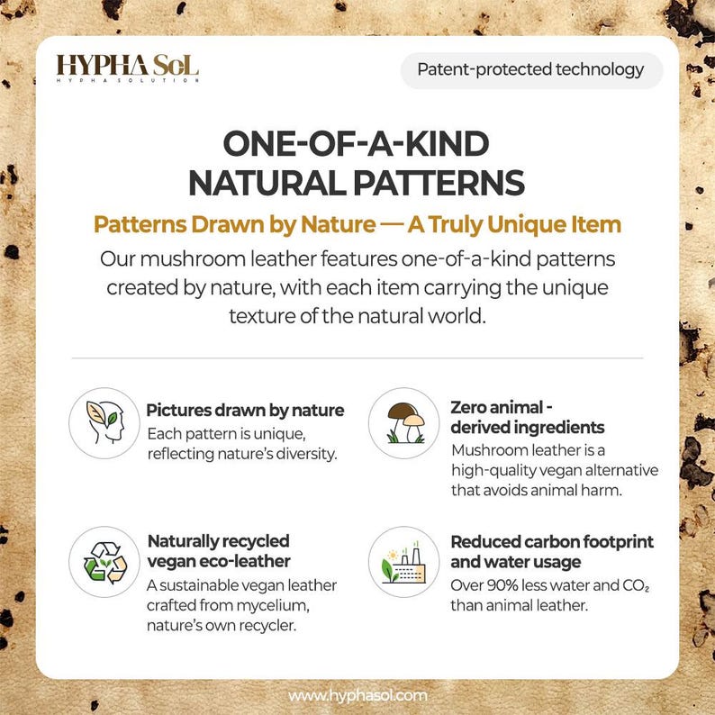 May include: A white informational graphic with the HyphaSol logo and text describing mushroom leather. It highlights one-of-a-kind natural patterns, zero animal-derived ingredients, naturally recycled vegan eco-leather, and reduced carbon footprint.