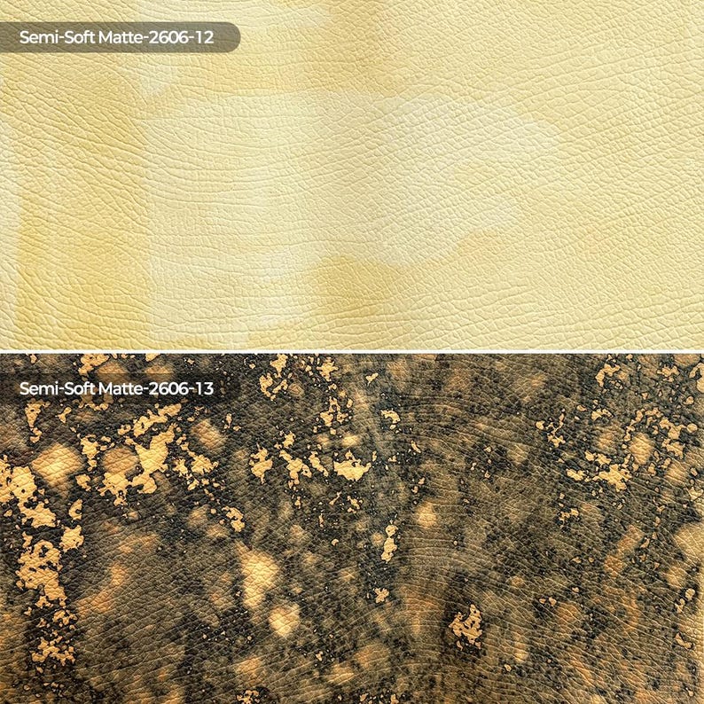 May include: Two rectangular swatches of textured material. The top swatch is a solid pale cream color labeled Semi-Soft Matte-2606-12. The bottom swatch features a mottled pattern of dark charcoal black and metallic gold labeled Semi-Soft Matte-2606-13.