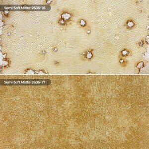 May include: Two textured material samples. The top sample is cream-colored with brown, irregular, weathered-looking spots and the text Semi-Soft Matte-2606-16. The bottom sample is a solid golden-yellow with a fine grain and the text Semi-Soft Matte-2606-17.