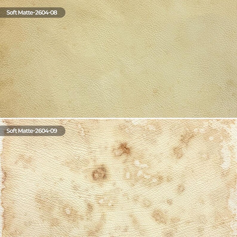 May include: Two swatches of textured material. The top swatch is a solid light beige with the text Soft Matte-2604-08. The bottom swatch is a light beige with irregular brown mottled spots and the text Soft Matte-2604-09. Both have a grain.