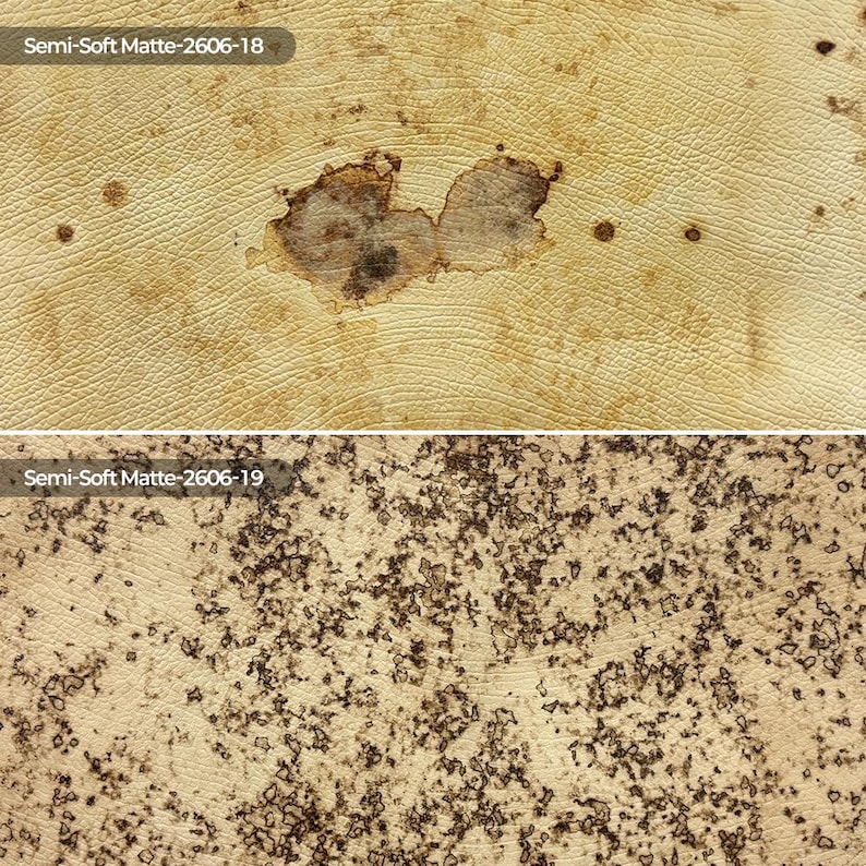 May include: Two panels of semi-soft matte material with textured surfaces. The top panel, labeled Semi-Soft Matte-2606-18, is cream-colored with brown mottled spots. The bottom panel, labeled Semi-Soft Matte-2606-19, features a dense dark brown speckled pattern.
