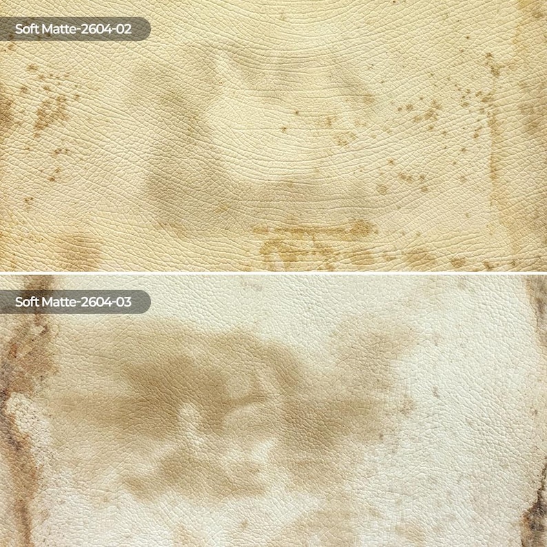 May include: A split-view image showing two textured surfaces with a matte finish. The top section is labeled Soft Matte-2604-02 and features a cream-colored surface with brown mottled spots. The bottom section is labeled Soft Matte-2604-03 and displays a lighter cream surface with larger, diffused brown patches.