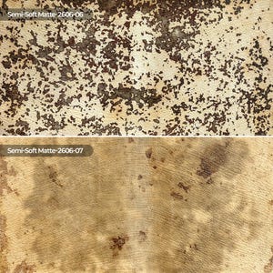 May include: Two rectangular swatches of semi-soft matte material. The top swatch, labeled Semi-Soft Matte-2606-06, features a cream base with dark brown, mottled, organic patterns. The bottom swatch, labeled Semi-Soft Matte-2606-07, displays a tan, textured surface with subtle, darker brown, weathered-looking patches.