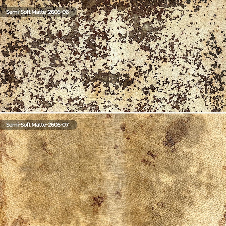 May include: Two rectangular swatches of semi-soft matte material. The top swatch, labeled Semi-Soft Matte-2606-06, features a cream base with dark brown, mottled, organic patterns. The bottom swatch, labeled Semi-Soft Matte-2606-07, displays a tan, textured surface with subtle, darker brown, weathered-looking patches.