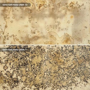 May include: Two textured surfaces with a matte finish. The top section is labeled Semi-Soft Matte-2606-10 and features a light beige base with scattered tan and brown organic spots. The bottom section is labeled Semi-Soft Matte-2606-11 with dark brown and black mottled patterns over a tan base.