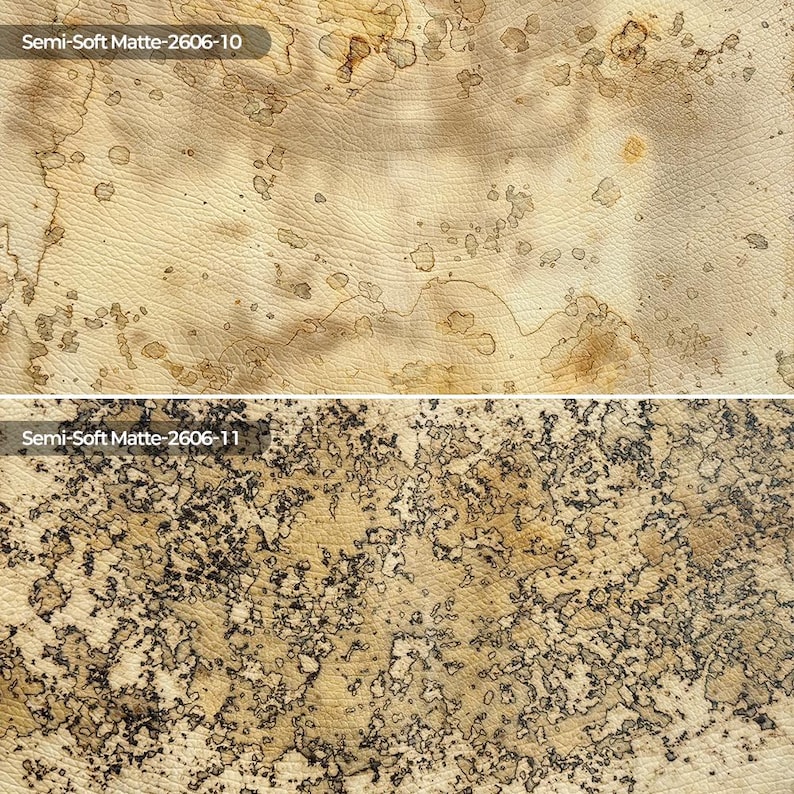 May include: Two textured surfaces with a matte finish. The top section is labeled Semi-Soft Matte-2606-10 and features a light beige base with scattered tan and brown organic spots. The bottom section is labeled Semi-Soft Matte-2606-11 with dark brown and black mottled patterns over a tan base.