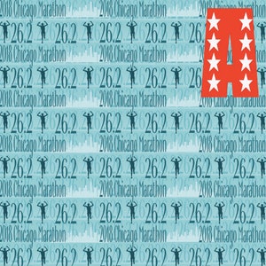 Puede incluir: Una letra A roja con estrellas blancas sobre un fondo azul con el texto "2018 Chicago Marathon" y el n&uacute;mero "26.2" repetido.