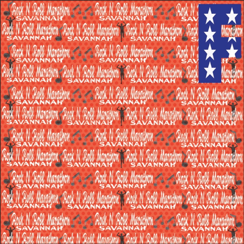 Puede incluir: Un fondo rojo y blanco con el texto "Rock N Roll Marathon Savannah" repetido en todo. Una silueta de un corredor tambi&eacute;n se repite en todo el patr&oacute;n. Una peque&ntilde;a bandera estadounidense con estrellas blancas sobre un fondo azul se encuentra en la esquina superior derecha.