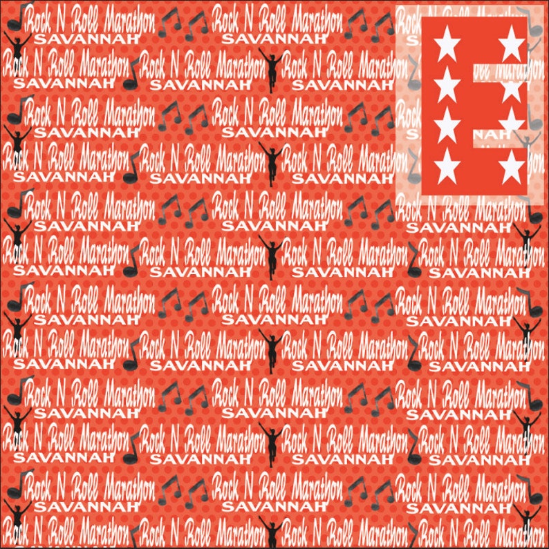 Puede incluir: Un fondo rojo y blanco con el texto "Rock N Roll Marathon Savannah" repetido en todo. El fondo est&aacute; salpicado de peque&ntilde;os c&iacute;rculos blancos. Hay cinco estrellas blancas en la esquina superior derecha de la imagen.