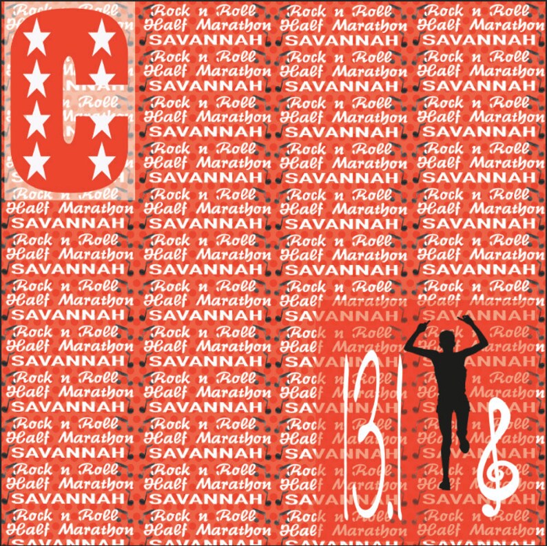 Puede incluir: Un fondo rojo y blanco con una gran letra C y las palabras "Rock n Roll" y "Savannah Half Marathon" repetidas en texto negro. Una silueta negra de un corredor se encuentra en el lado derecho de la imagen con una clave de sol y una nota musical.