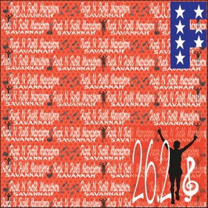 Puede incluir: Un fondo rojo con lunares blancos y el texto "Rock N Roll Marathon Savannah" repetido. Una silueta de un corredor con los brazos en alto se encuentra en la esquina inferior derecha con el n&uacute;mero "26.2" y una nota musical. La esquina superior derecha presenta una bandera estadounidense azul y blanca con estrellas.
