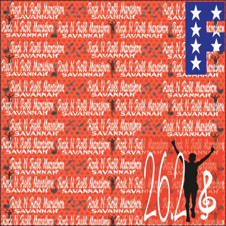 Puede incluir: Un fondo rojo con lunares blancos y el texto "Rock N Roll Marathon Savannah" repetido. Una silueta de un corredor con los brazos en alto se encuentra en la esquina inferior derecha con el n&uacute;mero "26.2" y una nota musical. La esquina superior derecha presenta una bandera estadounidense azul y blanca con estrellas.