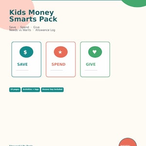 May include: A digital Kids Money Smarts Pack document for ages 7-12. The page features sections for Save, Spend, and Give with corresponding icons, plus text for Needs vs Wants and Allowance Log. It includes 14 pages, activities, logs, and an answer key.
