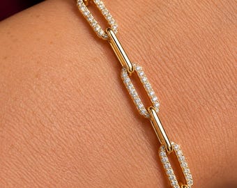 Diamond Paperclip Chain Bracelet 925 Silver, Minimal Gold Link Bracelet, Dainty Everyday Jewelry, Gift for Her