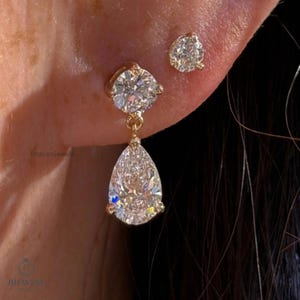 Pear Moissanite Drop Earrings | Teardrop Dangle Earring | Round & Pear Diamond Earrings | Bridal Wedding Earrings | Elegant Gift for Her