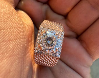 Moissanite Men's Ring • Portuguese Cut, Hip-Hop Style, Sterling Silver or Gold